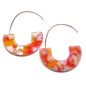 Peach with Orange C Shaped Tortoise Shell Acrylic Yellow Gold Hoop Earrings